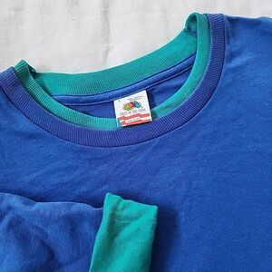 Vintage 90s Fruit of the Loom 100% Cotton Two Ply T Shirt Size L Blue Green USA